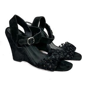 Rachel Comey Black Suede Sequin Mesh Wedge Sandal Sz 9 EUC